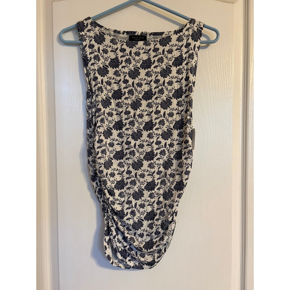 Rag & Bone Navy White Floral Ruched Side Sleeveless Boat Neck Modal Top NEW